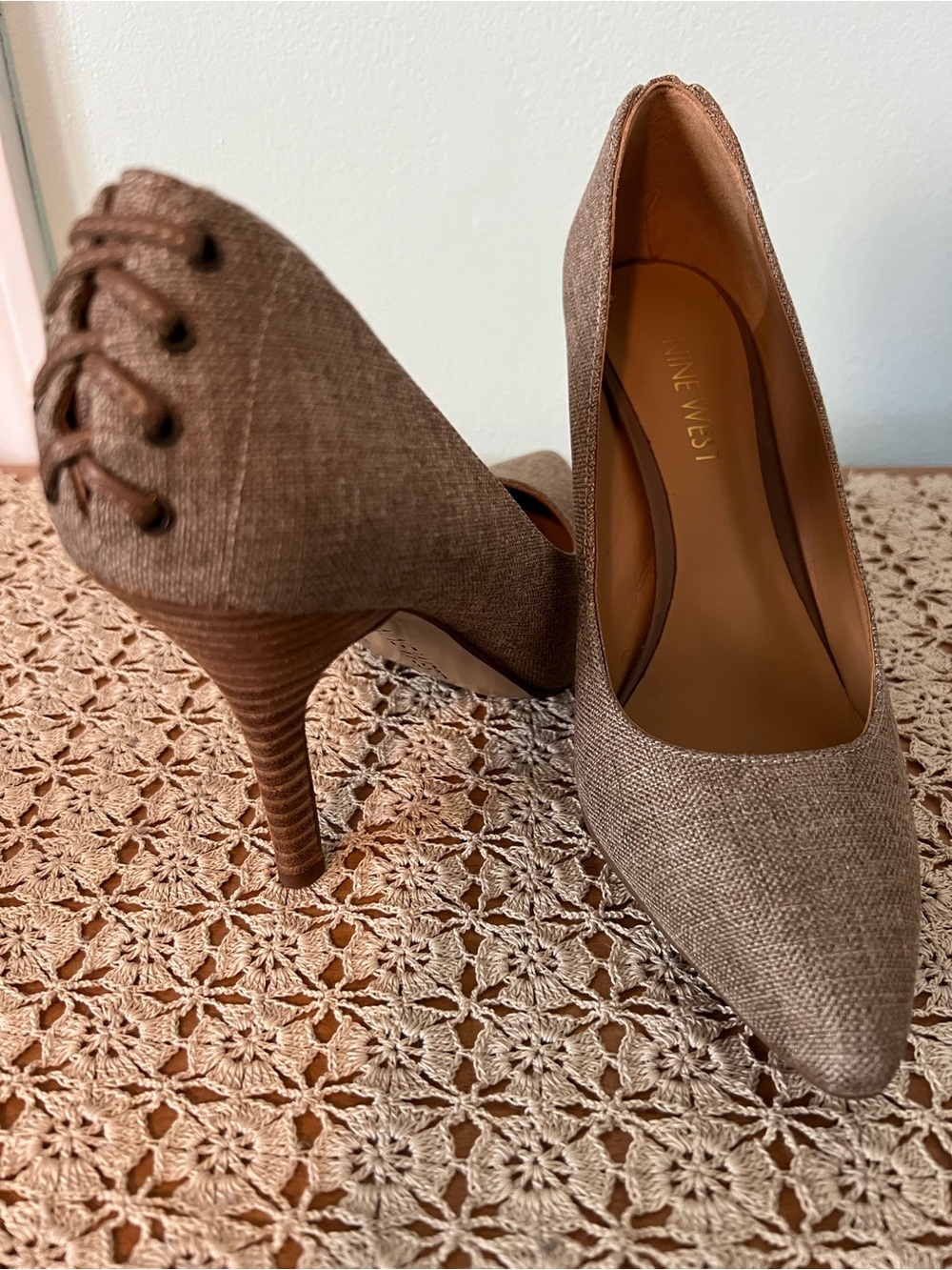 Nine West Taupe Linen-Look Pointed Toe Stiletto Pumps